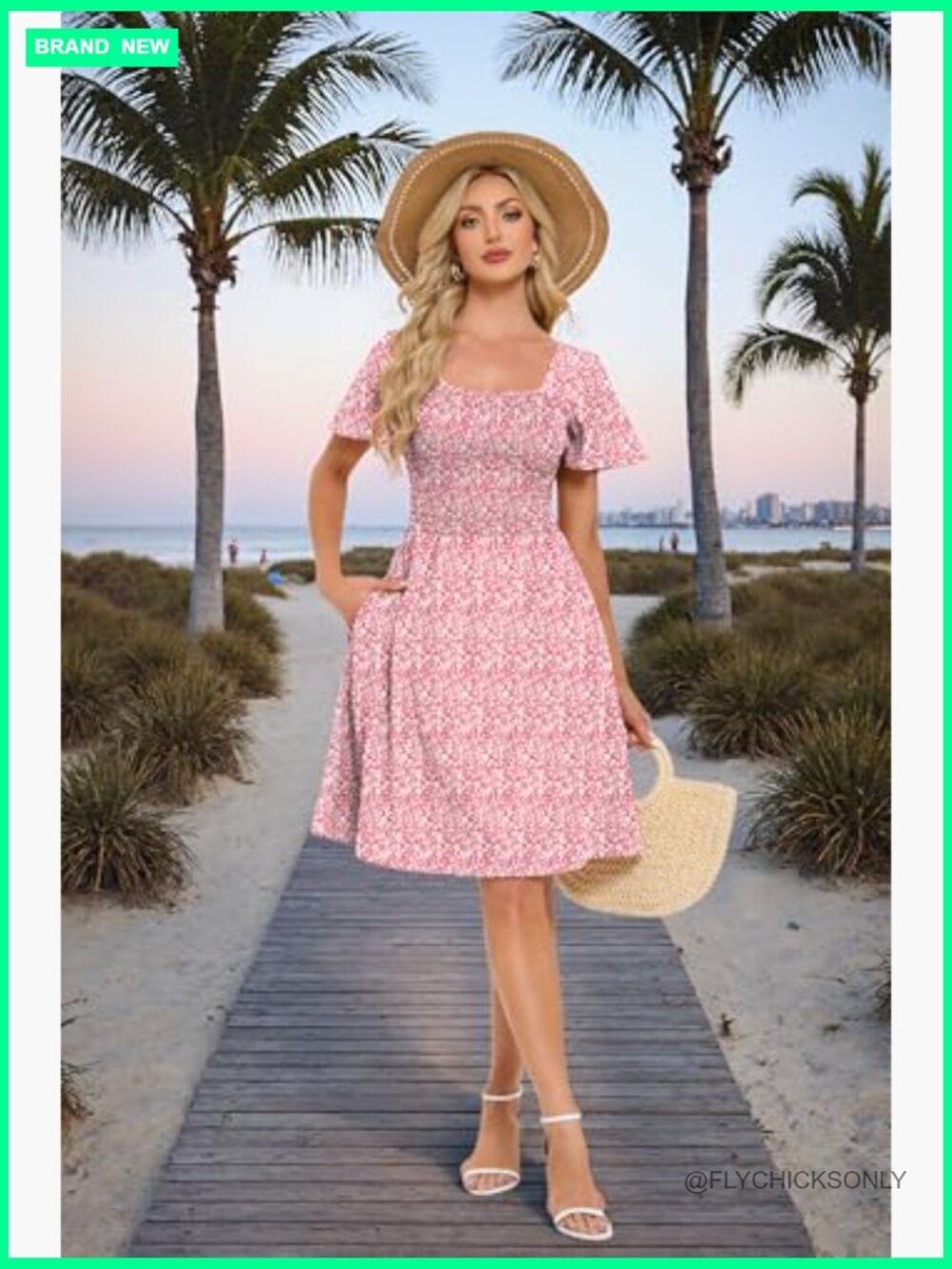 Smocked Square Neck A-Line Midi Sundress with Pockets Flowy Summer Dress - Picture 2 of 6